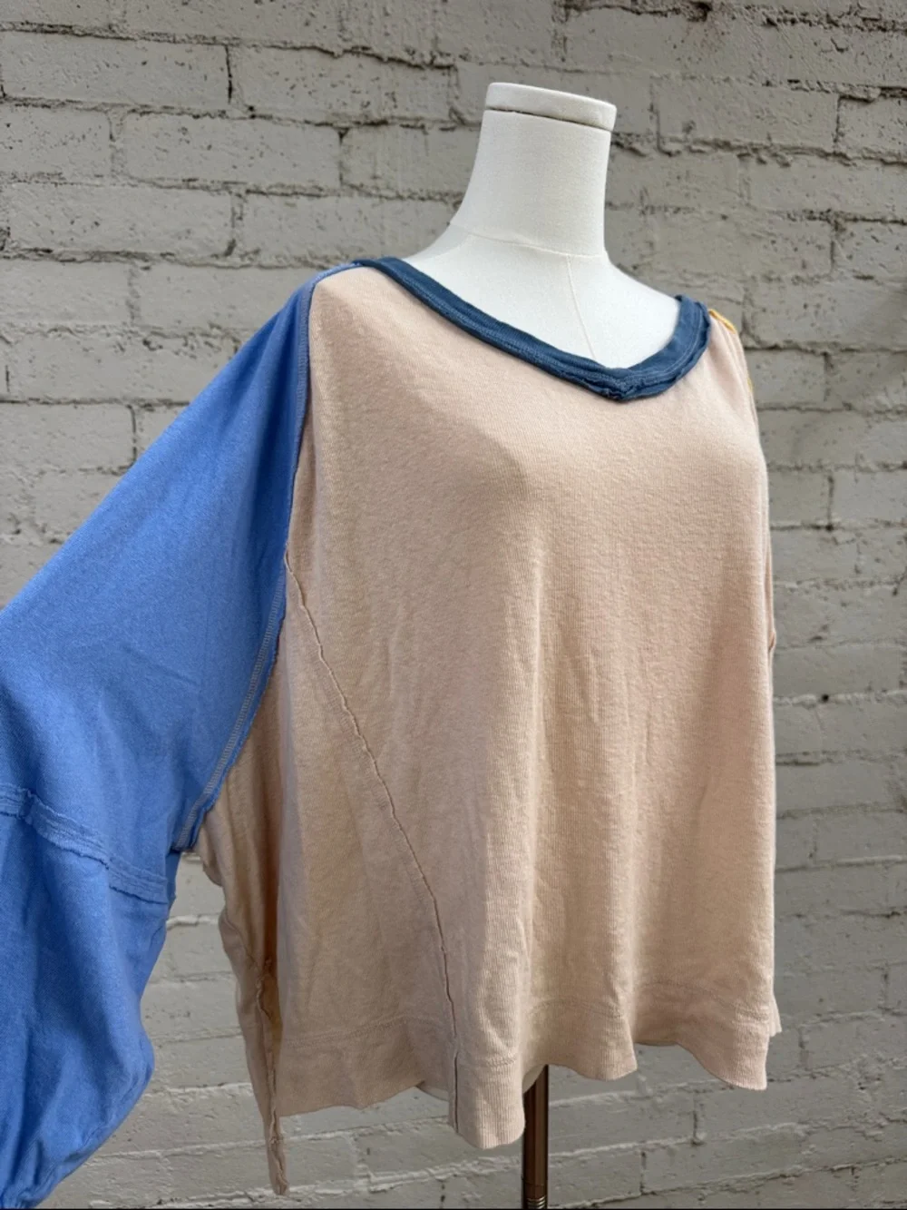 Free People We The Free Care FP Tri Color Tee Cream Blue Yellow Size XS